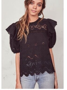 Loveshackfancy tilda top blouse black eyelet embroidered xs fits small too